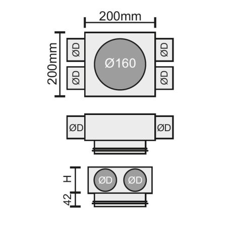 RKJ 04-es horganyzott acél egysoros osztódoboz, 75 mm-es leágazásokkal (2+2)