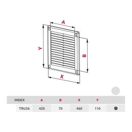 Awenta TRU26 négyszögletes fali rács 460x110, rovarhálóval, fehér színben