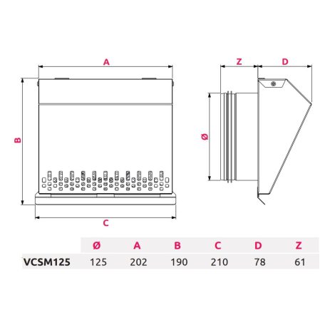 AwentapPRO VCSM125I beszívó oldali fém fali rács, rovarhálóval, INOX NA125