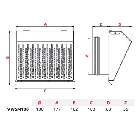 AwentapPRO VWSM100I kifúvó oldali fém fali rács, rovarhálóval, INOX NA100
