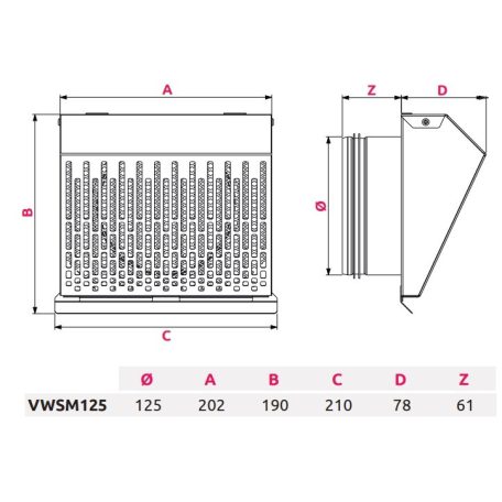 AwentapPRO VWSM125 kifúvó oldali fém fali rács, rovarhálóval, fehér színben NA125