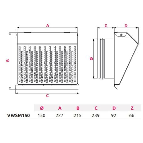 AwentapPRO VWSM150I kifúvó oldali fém fali rács, rovarhálóval, INOX NA150