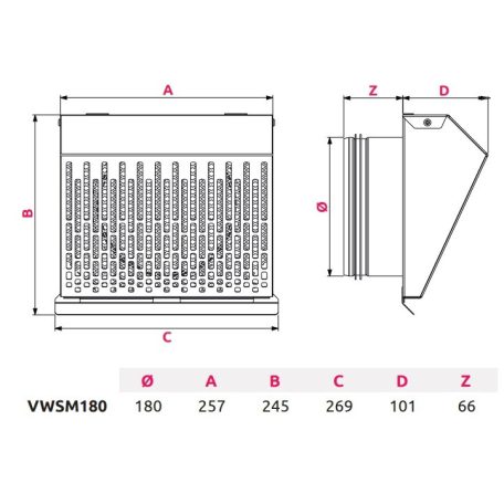 AwentapPRO VWSM180 kifúvó oldali fém fali rács, rovarhálóval, fehér színben NA180